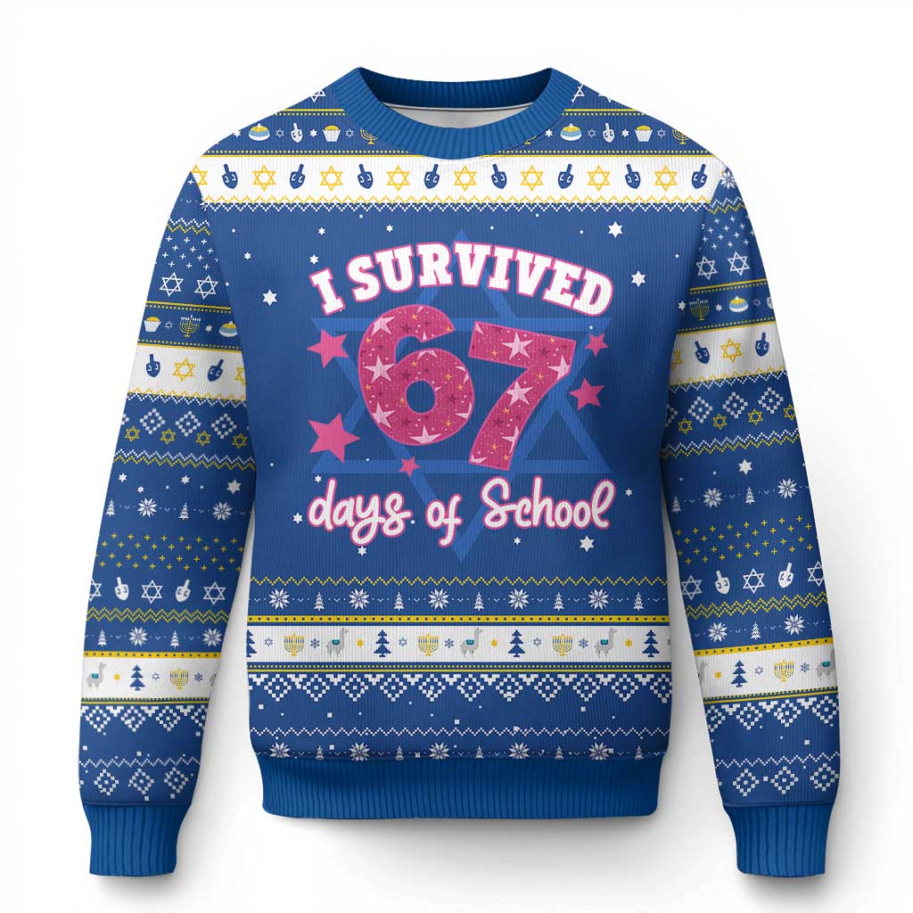 I Survived 67 Days Of School Hanukkah Ugly Sweater Funny Six Seven Teachers Students Meme Pink TS10 Blue White Print Your Wear