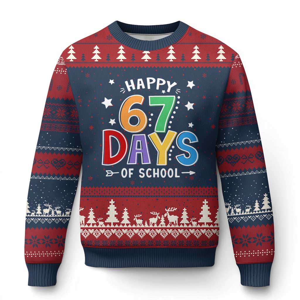 67 Days of School Ugly Christmas Sweater Funny Meme Teacher Student 67th Day TS10 Navy Red Print Your Wear
