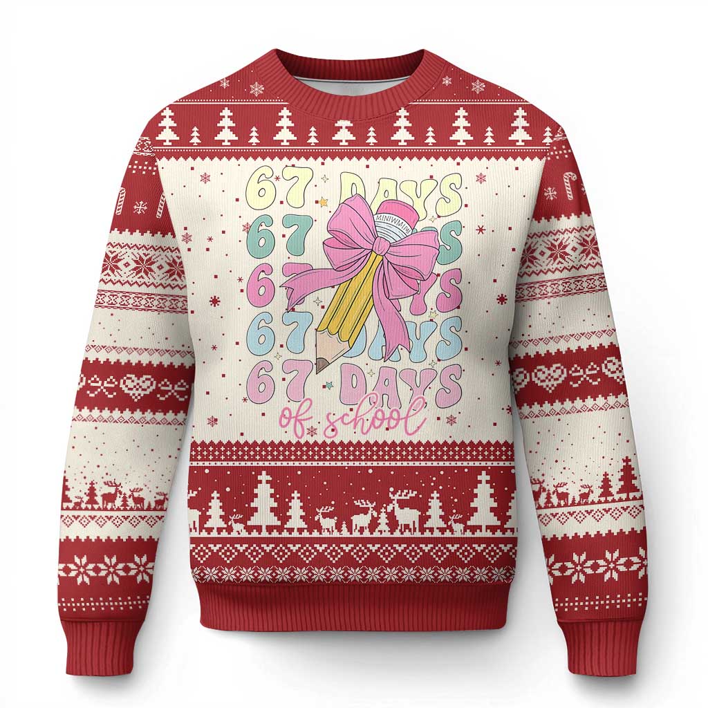 67 Days of School Coquette Bow Ugly Christmas Sweater Funny Six Seven Meme 67th Day Teacher Student TS10 Beige Red Print Your Wear