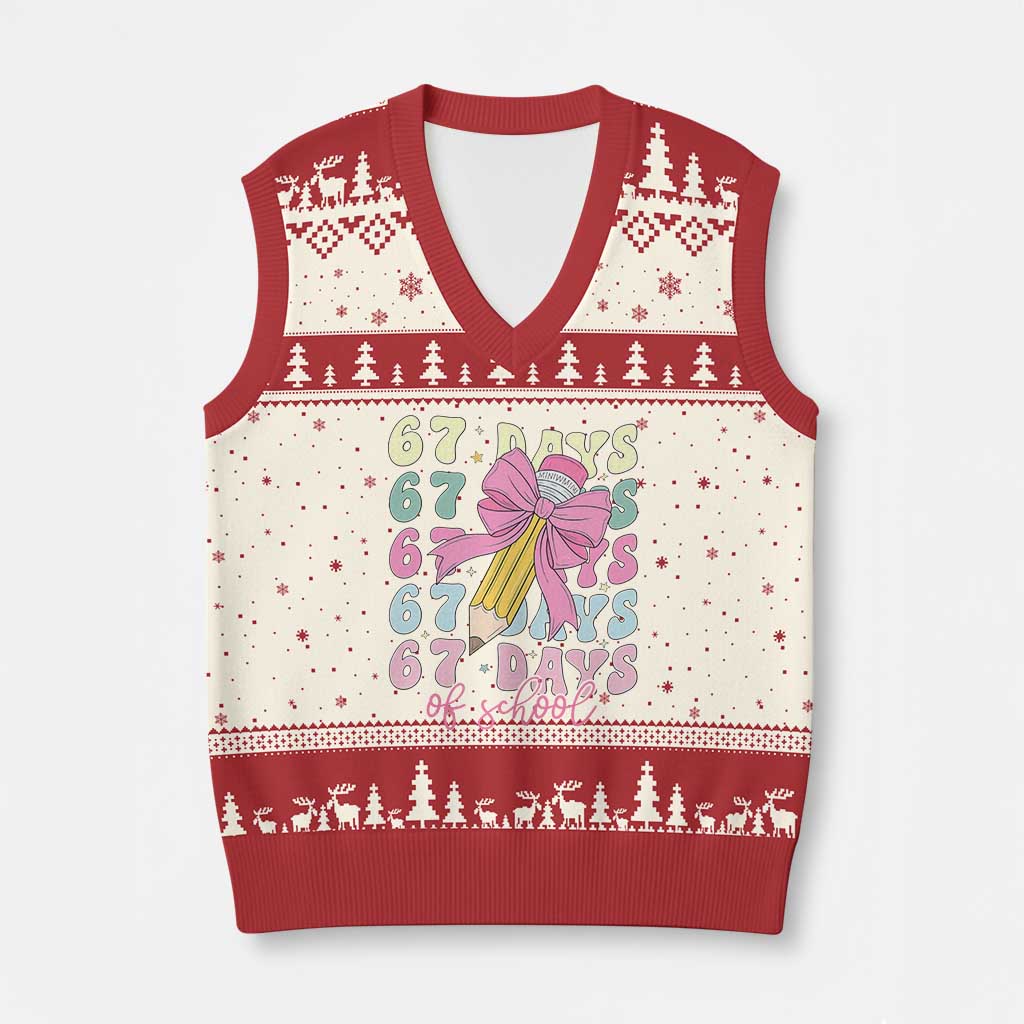 67 Days of School Coquette Bow V-Neck Knit Sweater Vest Funny Six Seven Meme 67th Day Teacher Student TS10 Beige Red Print Your Wear