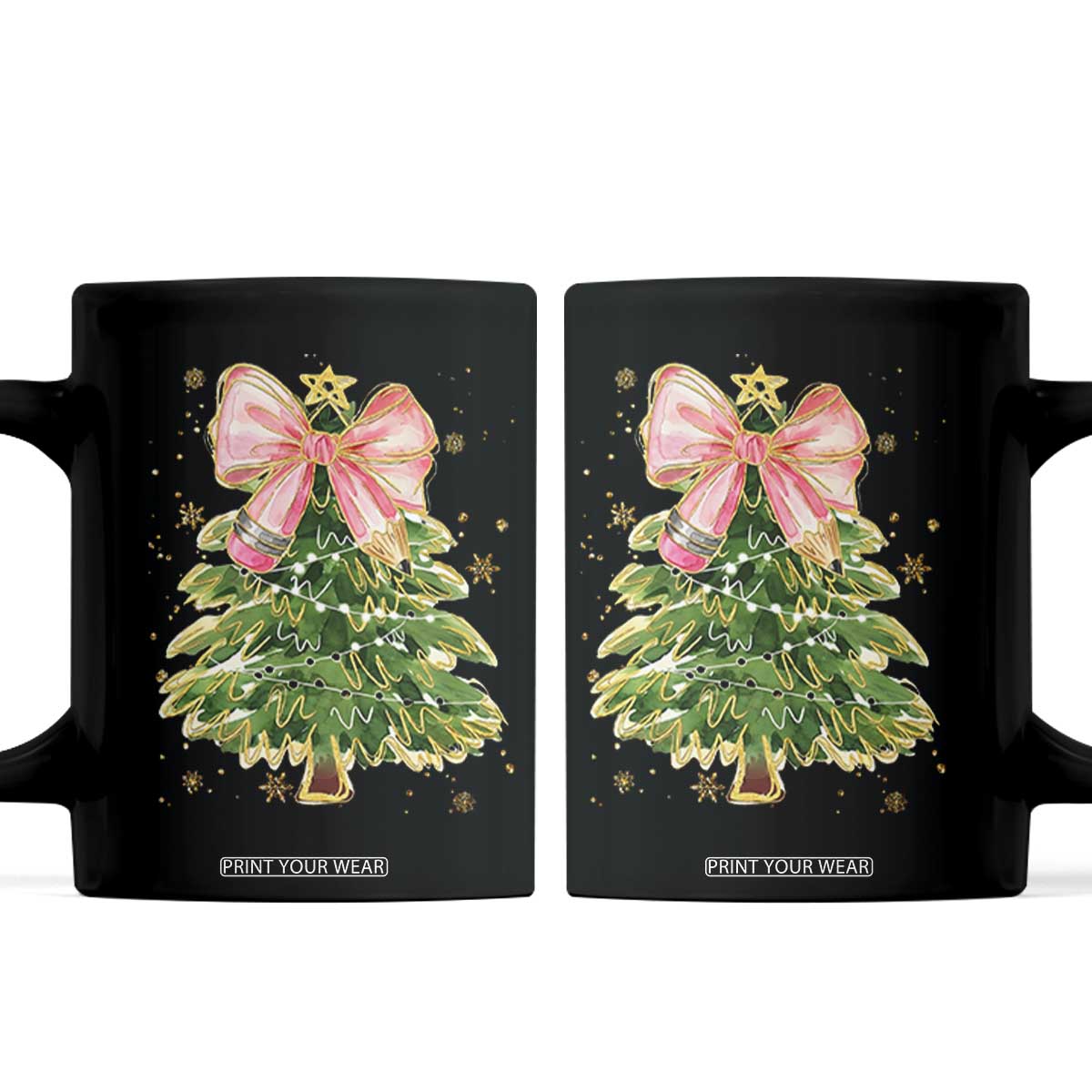 Coquette Bow Christmas Coffee Mug Cute Teacher Xmas Tree Pink TS10 Black Print Your Wear