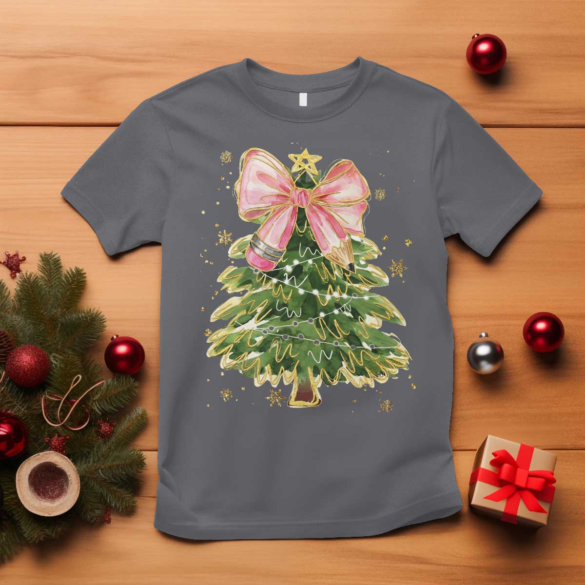 Coquette Bow Christmas T Shirt Cute Teacher Xmas Tree Pink TS10 Charcoal Print Your Wear