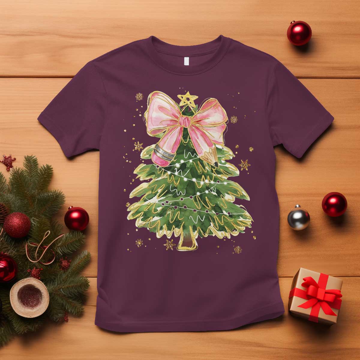 Coquette Bow Christmas T Shirt Cute Teacher Xmas Tree Pink TS10 Maroon Print Your Wear