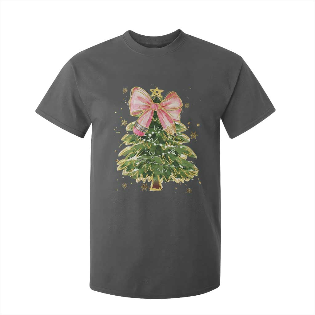 Coquette Bow Christmas T Shirt For Kid Cute Teacher Xmas Tree Pink TS10 Dark Heather Print Your Wear