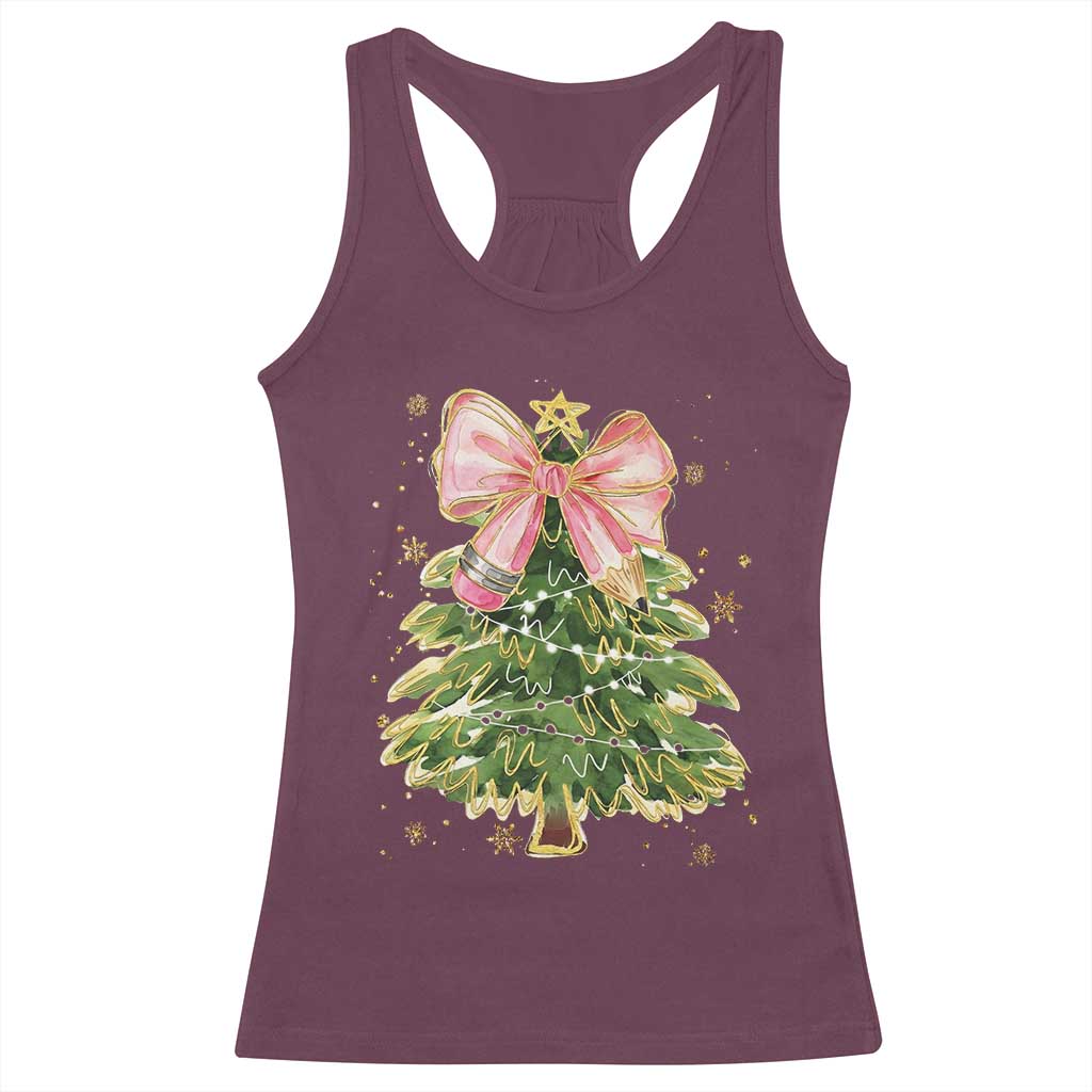 Coquette Bow Christmas Racerback Tank Top Cute Teacher Xmas Tree Pink TS10 Maroon Print Your Wear