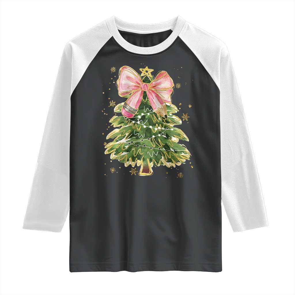 Coquette Bow Christmas Raglan Shirt Cute Teacher Xmas Tree Pink TS10 Black White Print Your Wear