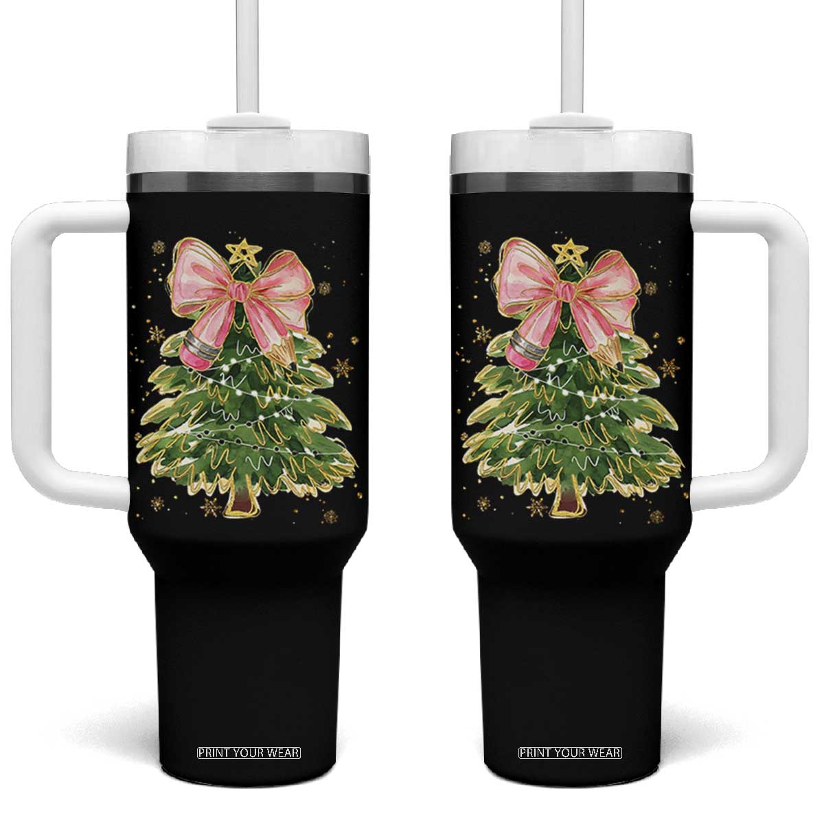 Coquette Bow Christmas Tumbler With Handle Cute Teacher Xmas Tree Pink TS10 One Size: 40 oz Black Print Your Wear
