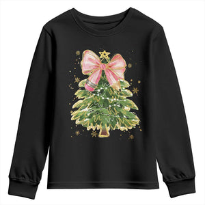 Coquette Bow Christmas Youth Sweatshirt Cute Teacher Xmas Tree Pink TS10 Black Print Your Wear