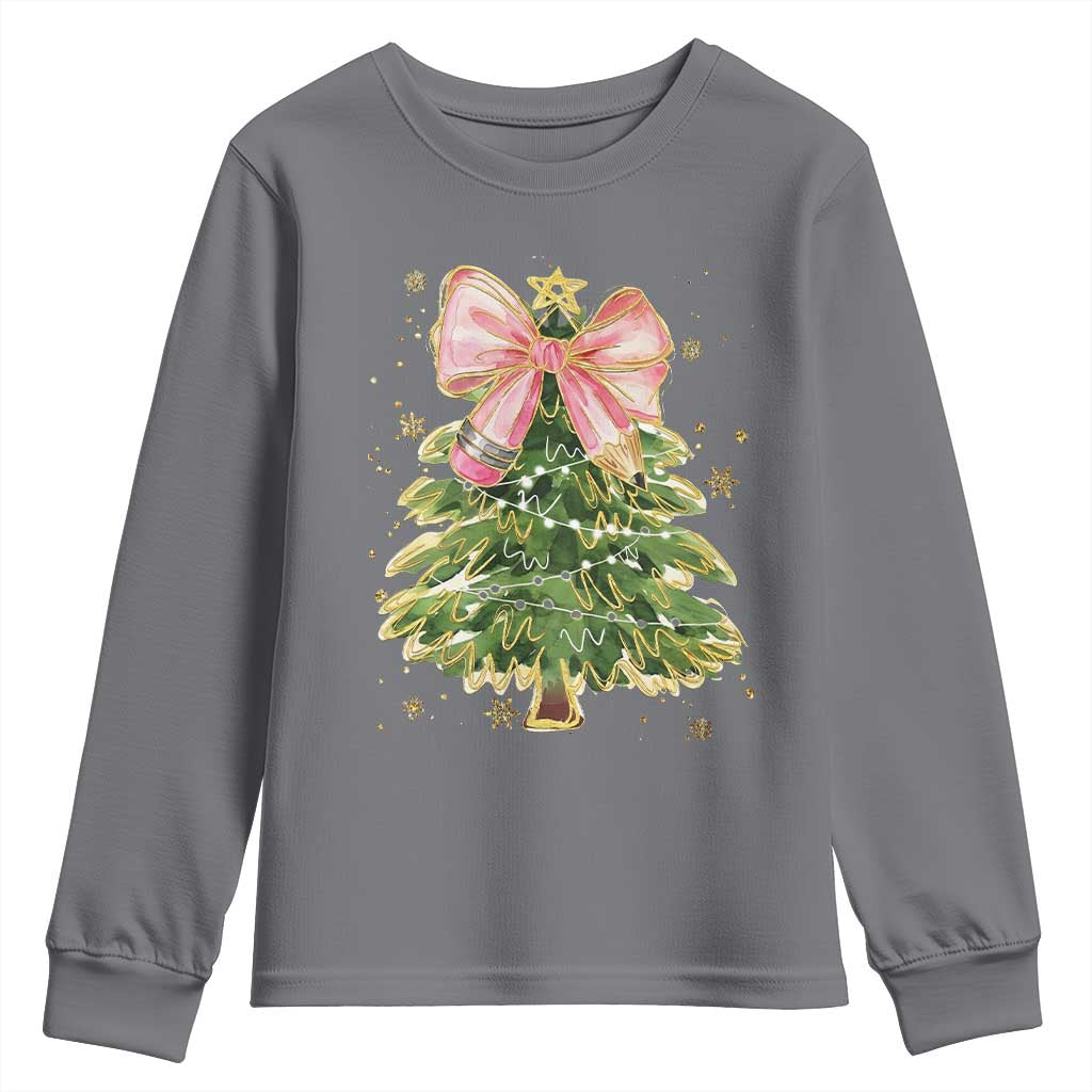Coquette Bow Christmas Youth Sweatshirt Cute Teacher Xmas Tree Pink TS10 Charcoal Print Your Wear