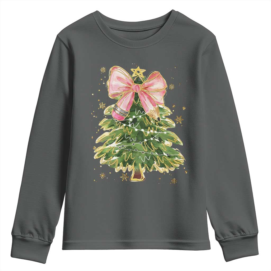 Coquette Bow Christmas Youth Sweatshirt Cute Teacher Xmas Tree Pink TS10 Dark Heather Print Your Wear