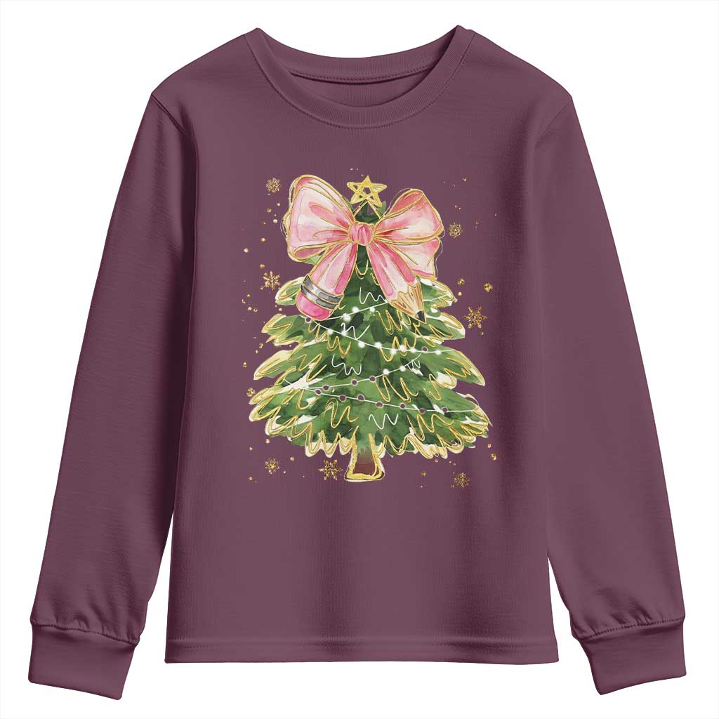 Coquette Bow Christmas Youth Sweatshirt Cute Teacher Xmas Tree Pink TS10 Maroon Print Your Wear