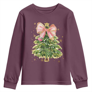 Coquette Bow Christmas Youth Sweatshirt Cute Teacher Xmas Tree Pink TS10 Maroon Print Your Wear