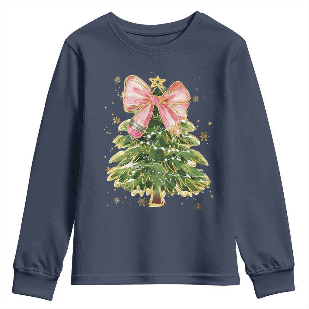 Coquette Bow Christmas Youth Sweatshirt Cute Teacher Xmas Tree Pink TS10 Navy Print Your Wear