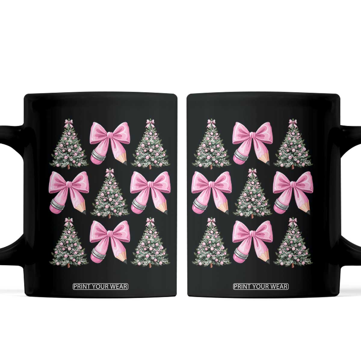 Coquette Bow Christmas Coffee Mug Girly Xmas Tree Teacher Pencil Bow TS10 Black Print Your Wear