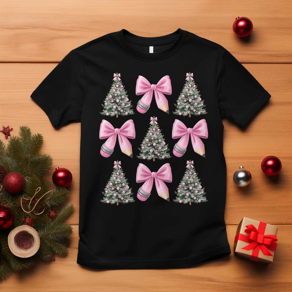 Coquette Bow Christmas T Shirt Girly Xmas Tree Teacher Pencil Bow TS10 Black Print Your Wear