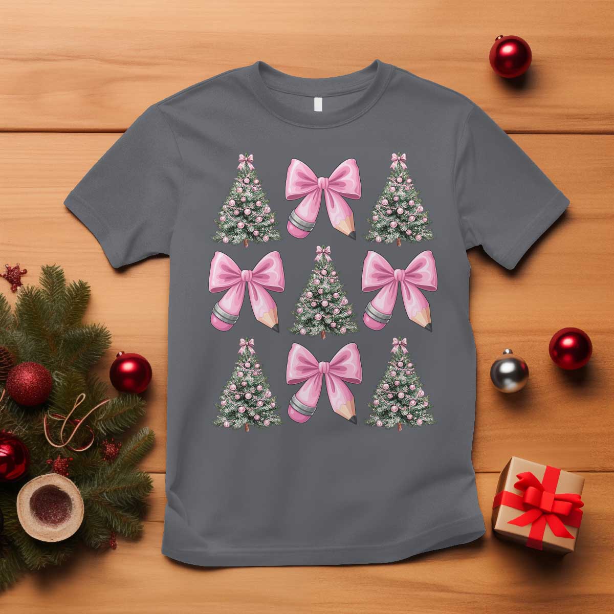 Coquette Bow Christmas T Shirt Girly Xmas Tree Teacher Pencil Bow TS10 Charcoal Print Your Wear