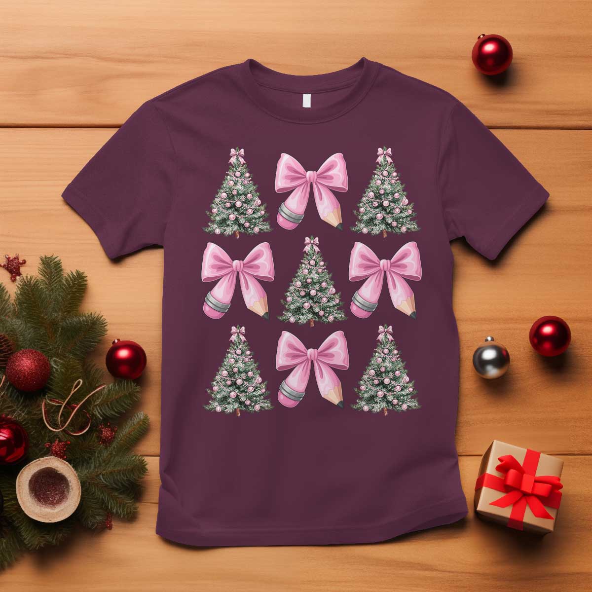 Coquette Bow Christmas T Shirt Girly Xmas Tree Teacher Pencil Bow TS10 Maroon Print Your Wear