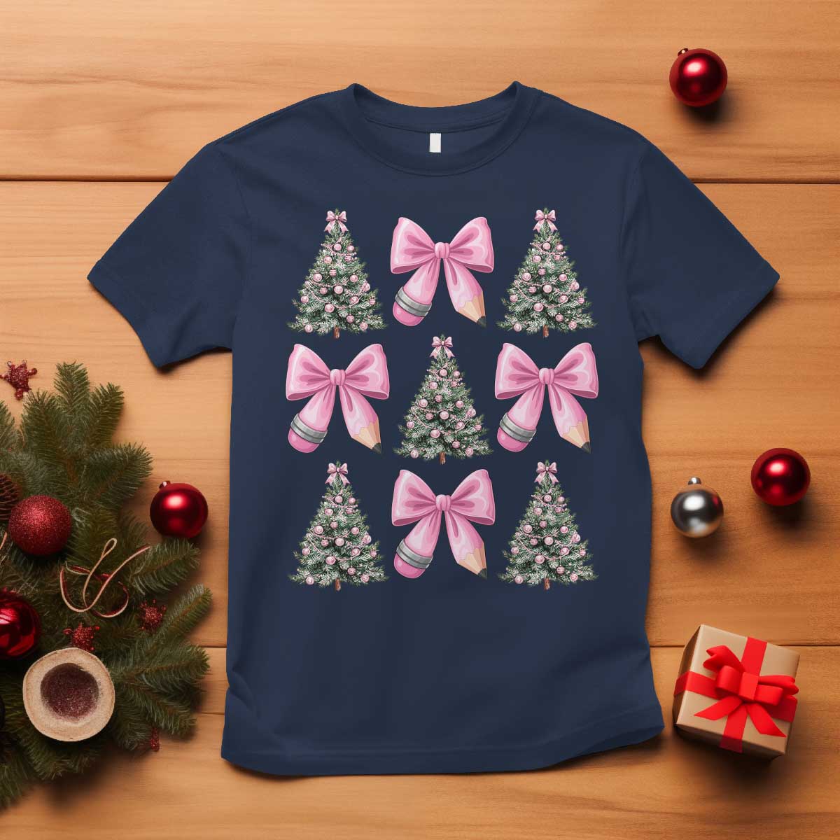 Coquette Bow Christmas T Shirt Girly Xmas Tree Teacher Pencil Bow TS10 Navy Print Your Wear