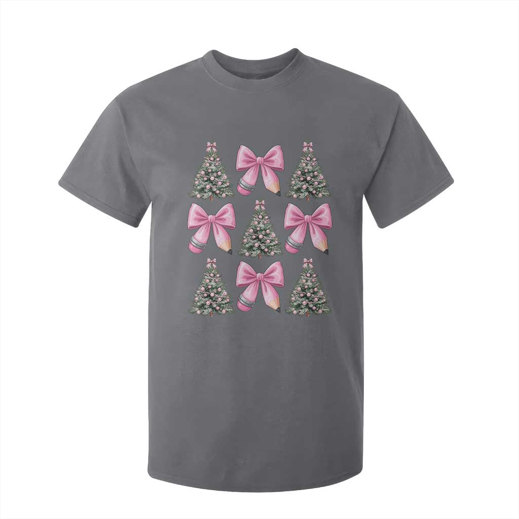 Coquette Bow Christmas T Shirt For Kid Girly Xmas Tree Teacher Pencil Bow TS10 Charcoal Print Your Wear