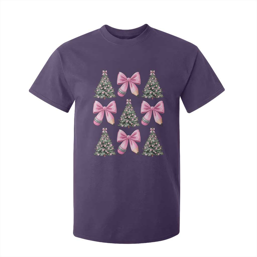Coquette Bow Christmas T Shirt For Kid Girly Xmas Tree Teacher Pencil Bow TS10 Purple Print Your Wear