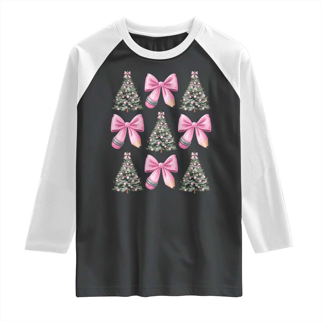 Coquette Bow Christmas Raglan Shirt Girly Xmas Tree Teacher Pencil Bow TS10 Black White Print Your Wear