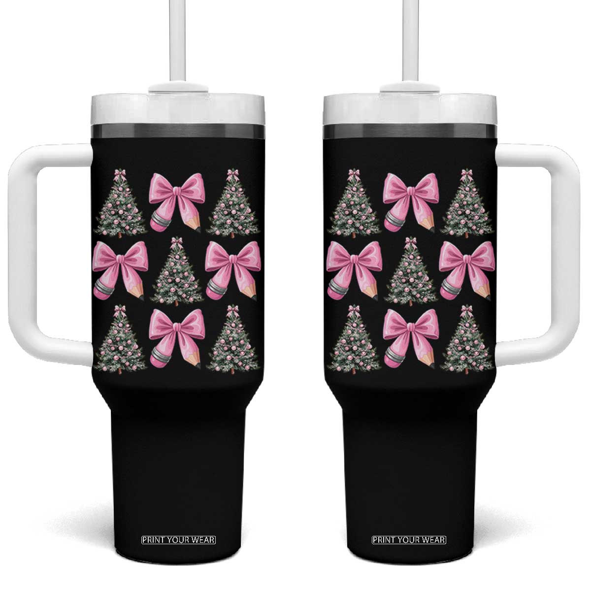 Coquette Bow Christmas Tumbler With Handle Girly Xmas Tree Teacher Pencil Bow TS10 One Size: 40 oz Black Print Your Wear