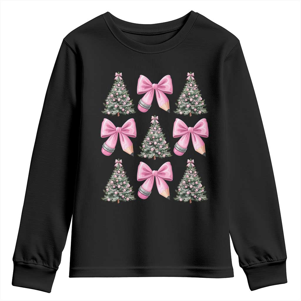 Coquette Bow Christmas Youth Sweatshirt Girly Xmas Tree Teacher Pencil Bow TS10 Black Print Your Wear