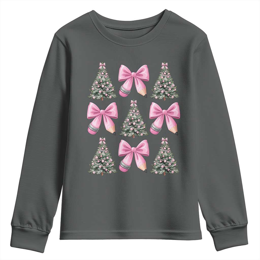 Coquette Bow Christmas Youth Sweatshirt Girly Xmas Tree Teacher Pencil Bow TS10 Dark Heather Print Your Wear