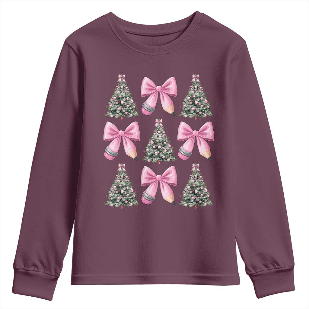 Coquette Bow Christmas Youth Sweatshirt Girly Xmas Tree Teacher Pencil Bow TS10 Maroon Print Your Wear