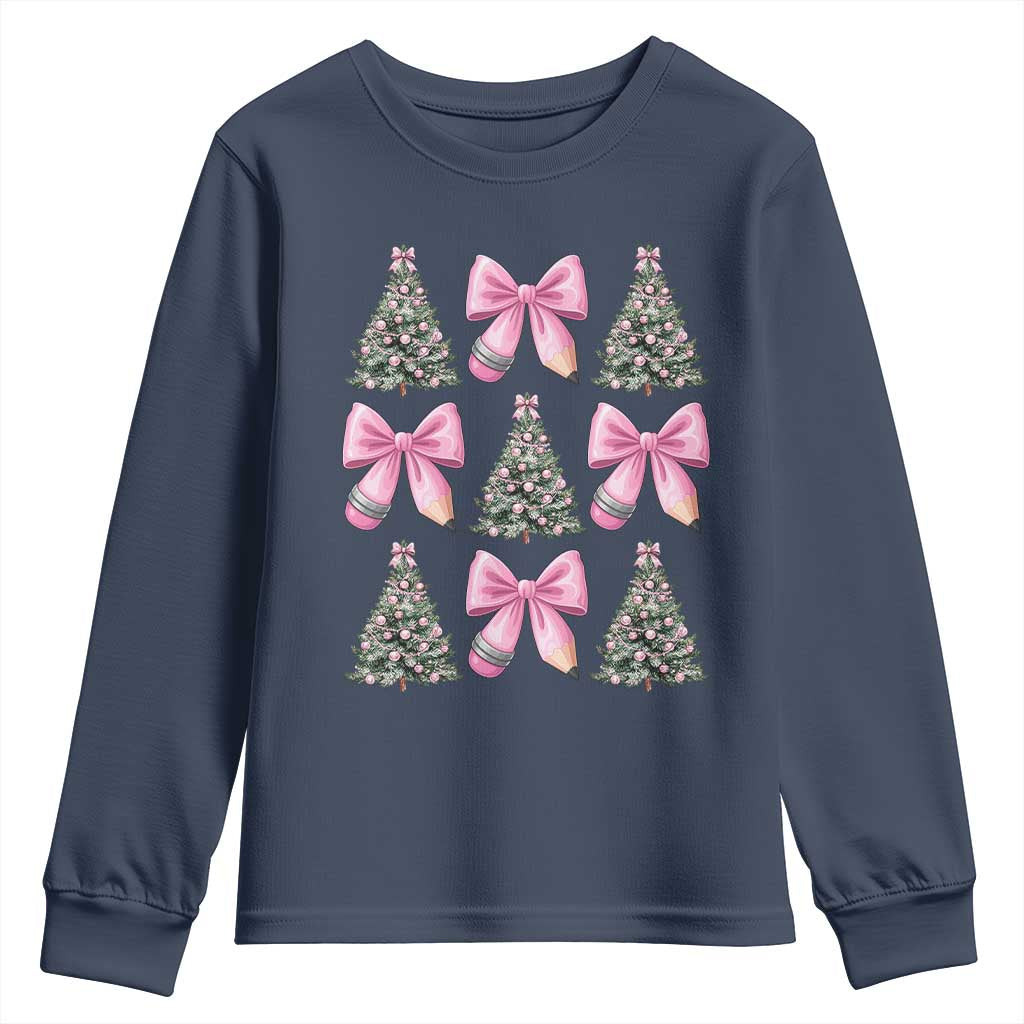 Coquette Bow Christmas Youth Sweatshirt Girly Xmas Tree Teacher Pencil Bow TS10 Navy Print Your Wear