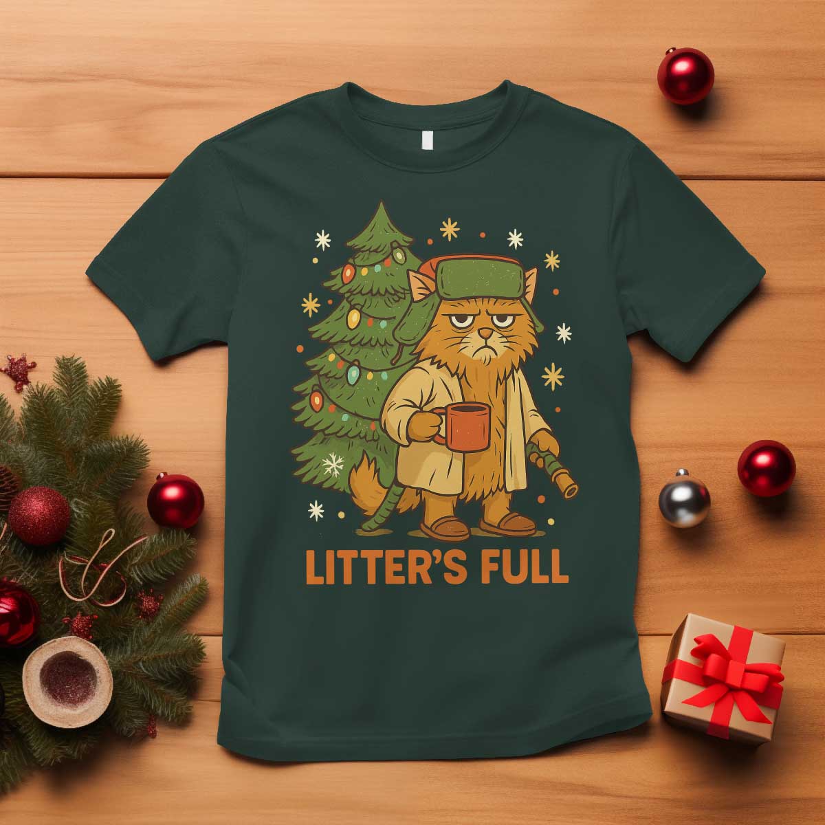 Litters Full T Shirt Funny Christmas Vacation Cat TS10 Dark Forest Green Print Your Wear