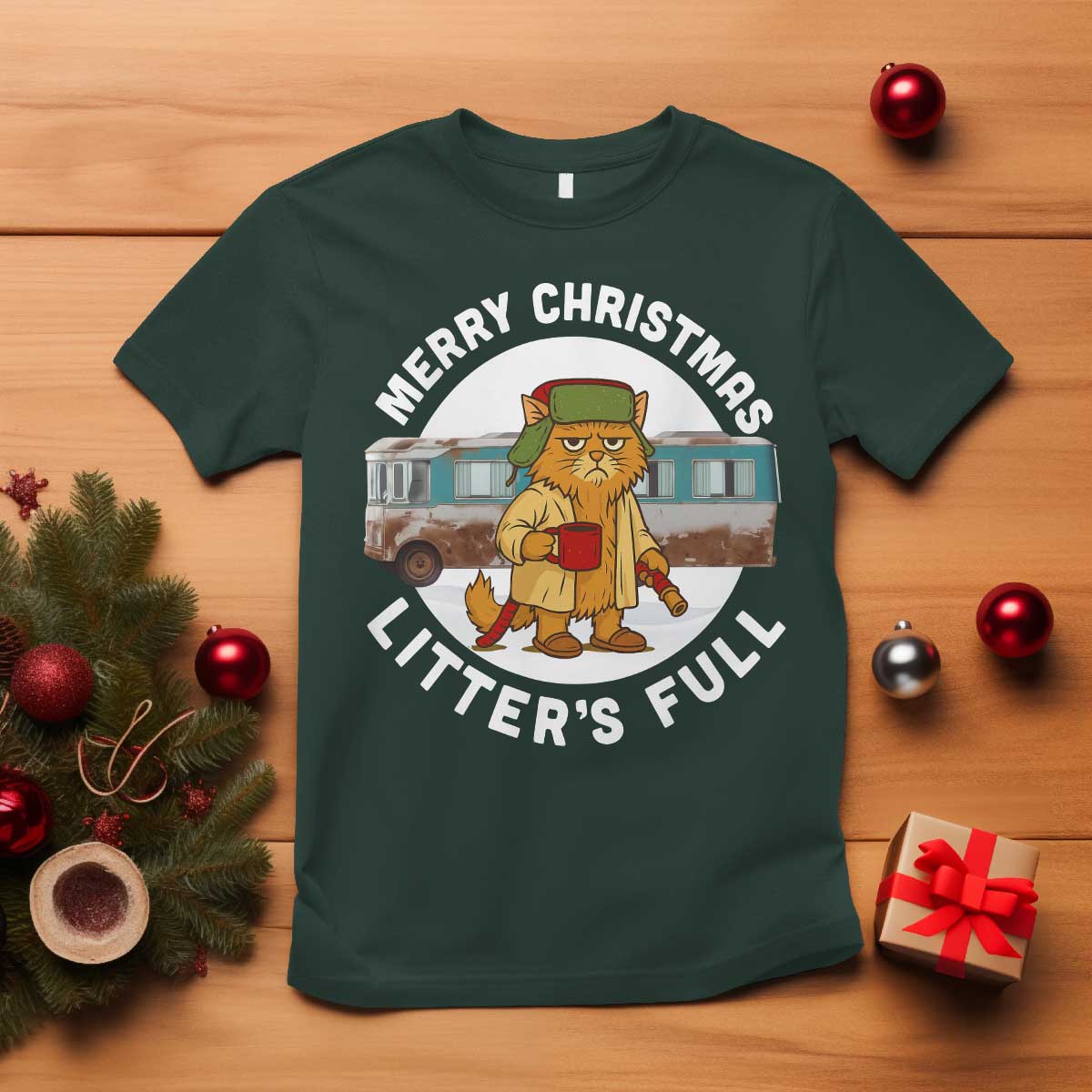 Merry Christmas Litters Full T Shirt Funny Christmas Vacation Cat TS10 Dark Forest Green Print Your Wear