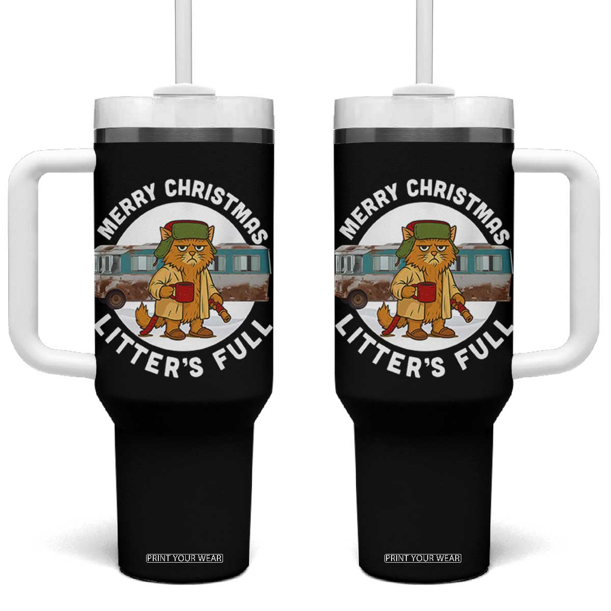 Merry Christmas Litters Full Tumbler With Handle Funny Christmas Vacation Cat TS10 One Size: 40 oz Black Print Your Wear