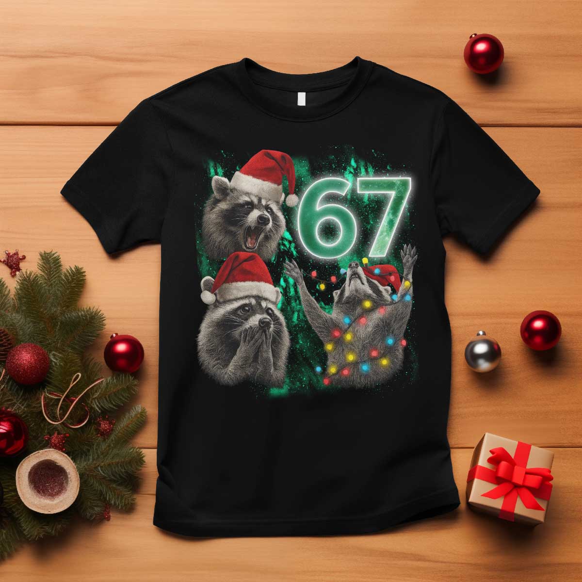 Funny Christmas 67 Meme Racoon T Shirt Howling at The Moon TS10 Black Print Your Wear