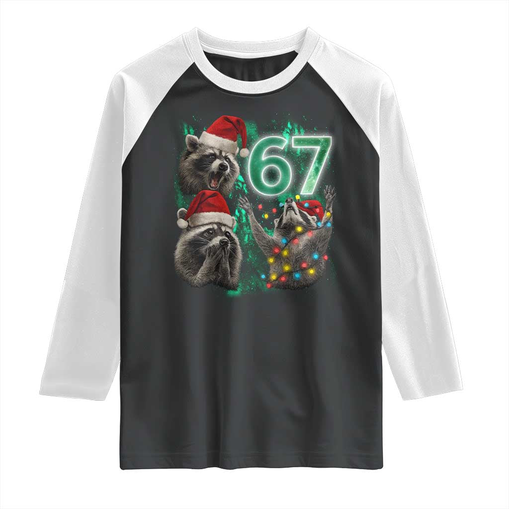 Funny Christmas 67 Meme Racoon Raglan Shirt Howling at The Moon TS10 Black White Print Your Wear