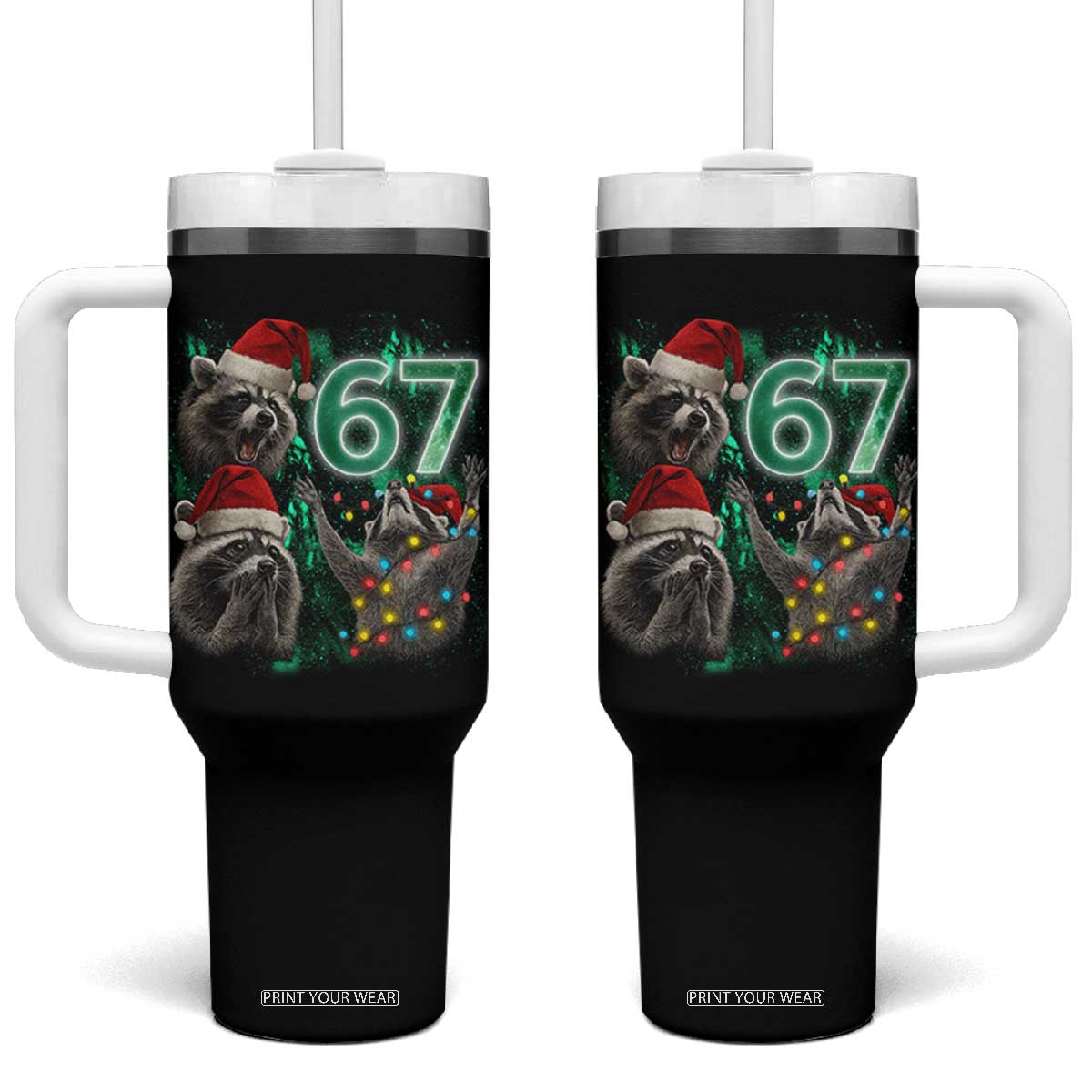Funny Christmas 67 Meme Racoon Tumbler With Handle Howling at The Moon TS10 One Size: 40 oz Black Print Your Wear