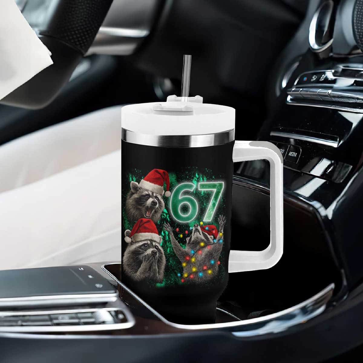 Funny Christmas 67 Meme Racoon Tumbler With Handle Howling at The Moon TS10 Print Your Wear