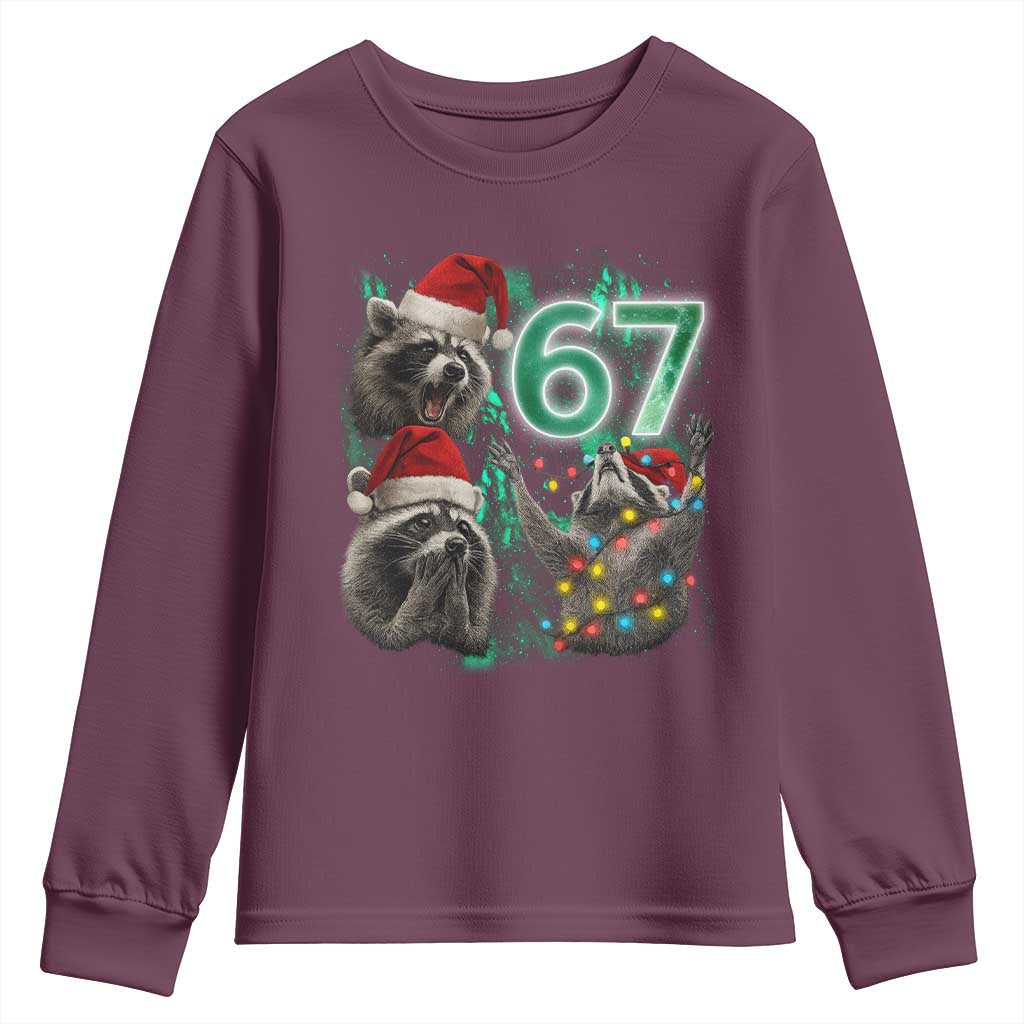Funny Christmas 67 Meme Racoon Youth Sweatshirt Howling at The Moon TS10 Maroon Print Your Wear