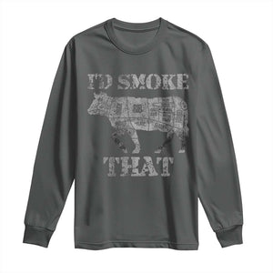 Funny BBQ Long Sleeve Shirt Chef Butcher Cook BBQ I'd Smoke That Cow Beef TS10 Dark Heather Print Your Wear