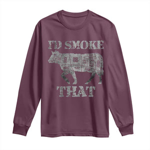 Funny BBQ Long Sleeve Shirt Chef Butcher Cook BBQ I'd Smoke That Cow Beef TS10 Maroon Print Your Wear