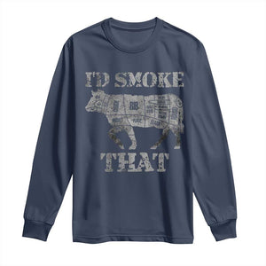 Funny BBQ Long Sleeve Shirt Chef Butcher Cook BBQ I'd Smoke That Cow Beef TS10 Navy Print Your Wear