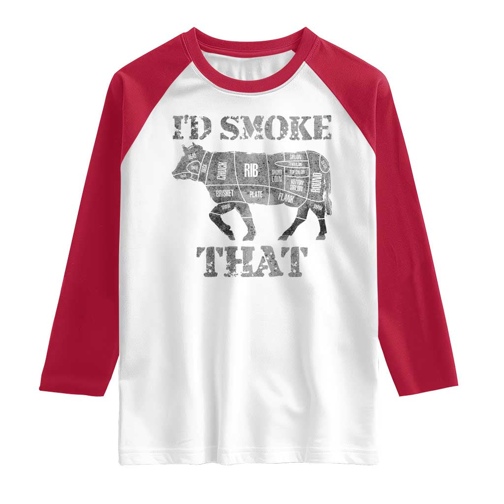 Funny BBQ Raglan Shirt Chef Butcher Cook BBQ I'd Smoke That Cow Beef TS10 White Red Print Your Wear