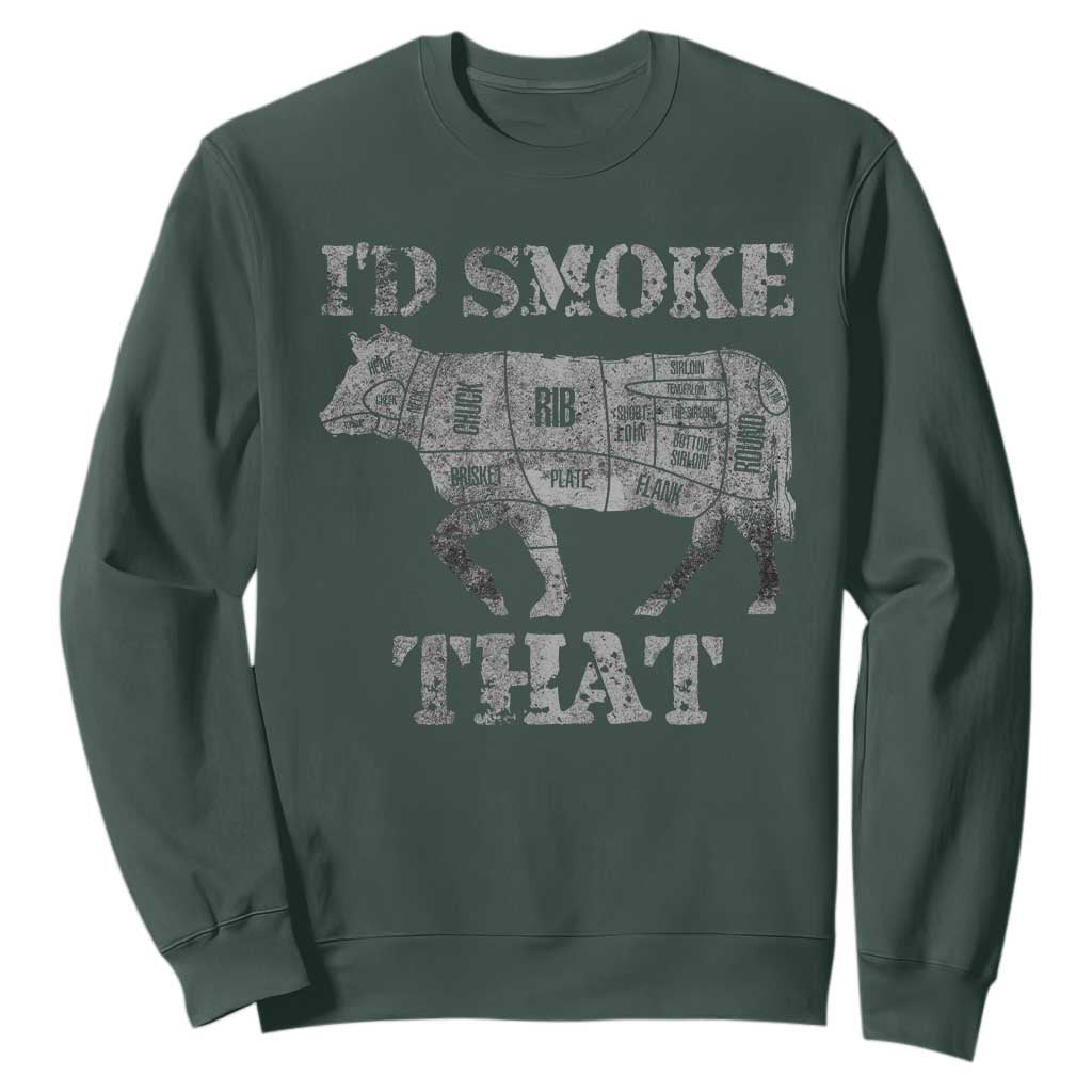 Funny BBQ Sweatshirt Chef Butcher Cook BBQ I'd Smoke That Cow Beef TS10 Dark Forest Green Print Your Wear