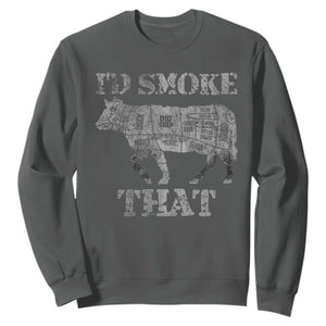 Funny BBQ Sweatshirt Chef Butcher Cook BBQ I'd Smoke That Cow Beef TS10 Dark Heather Print Your Wear
