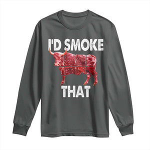 Funny BBQ Long Sleeve Shirt I'd Smoke That Cow Beef Chef Butcher Cook TS10 Dark Heather Print Your Wear