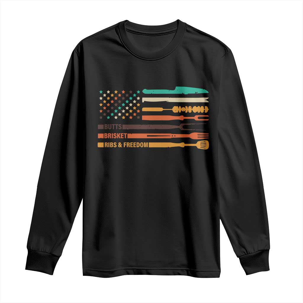 BBQ Long Sleeve Shirt With American Flag Brisket Butts Ribs and Freedom Grilling Gifts TS10 Black Print Your Wear