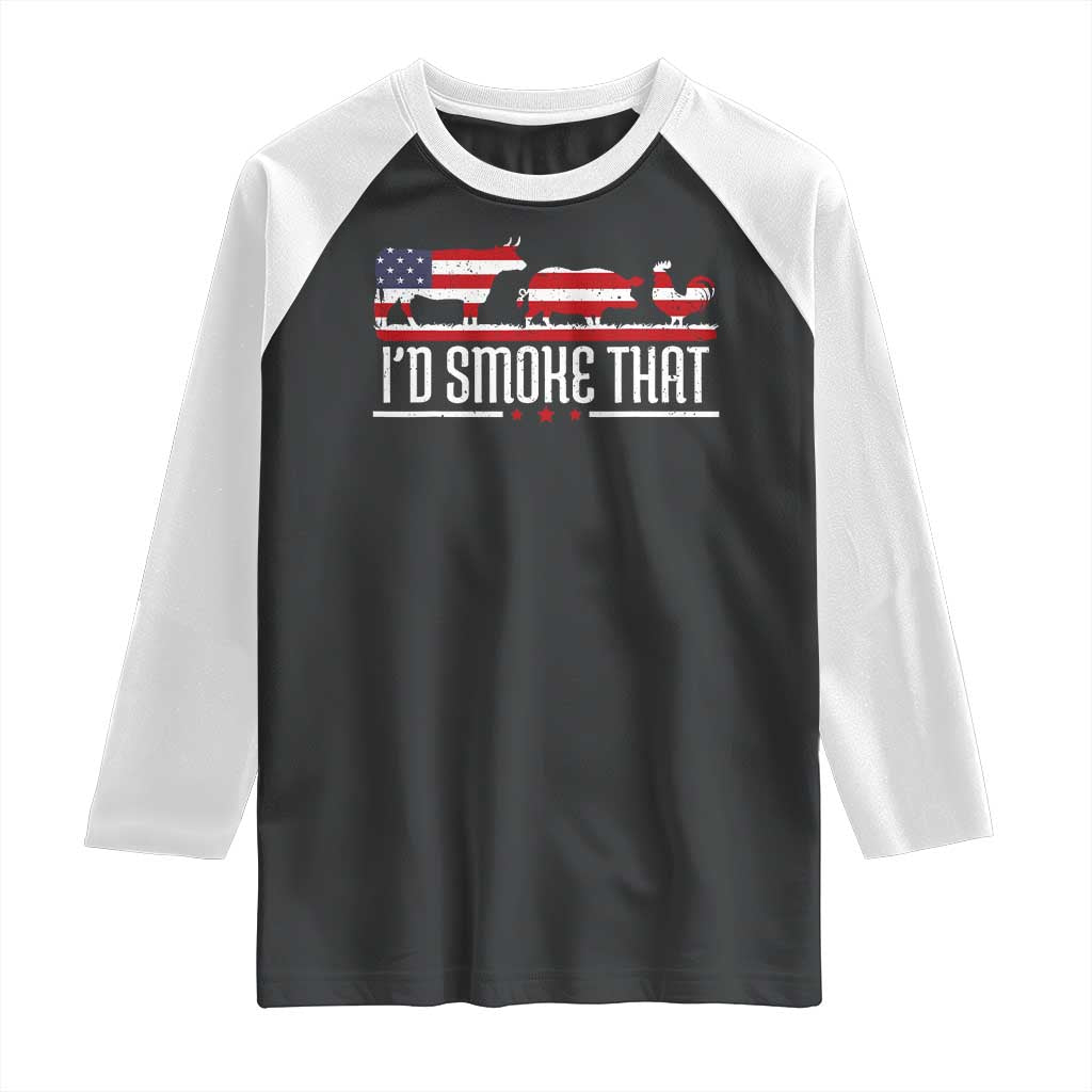BBQ Raglan Shirt 4th July I'd Smoke That Patriot Barbeque Cook Chef TS10 Black White Print Your Wear