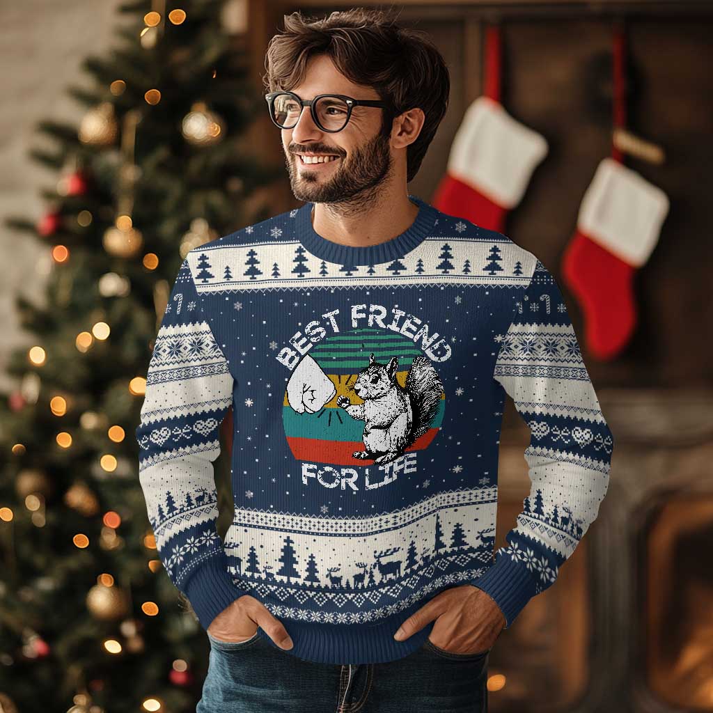 Squirrel Lover Ugly Christmas Sweater Funny Vintage Squirrel Gift Best Friend For Life TS10 Navy Beige Print Your Wear