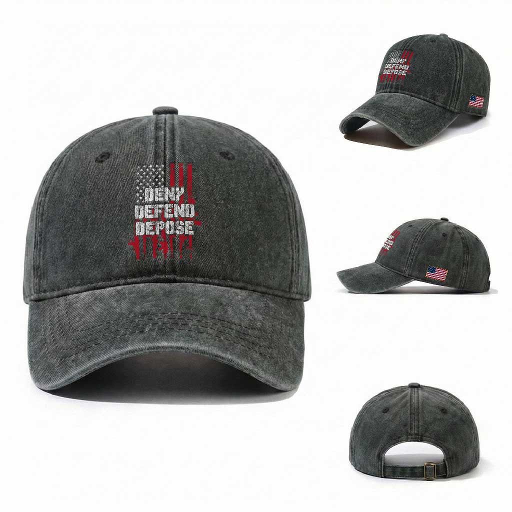 Deny Defend Depose Washed Cotton Baseball Cap Guns American Flag TS10 Washed Cap Universal Fit Dark Green Print Your Wear