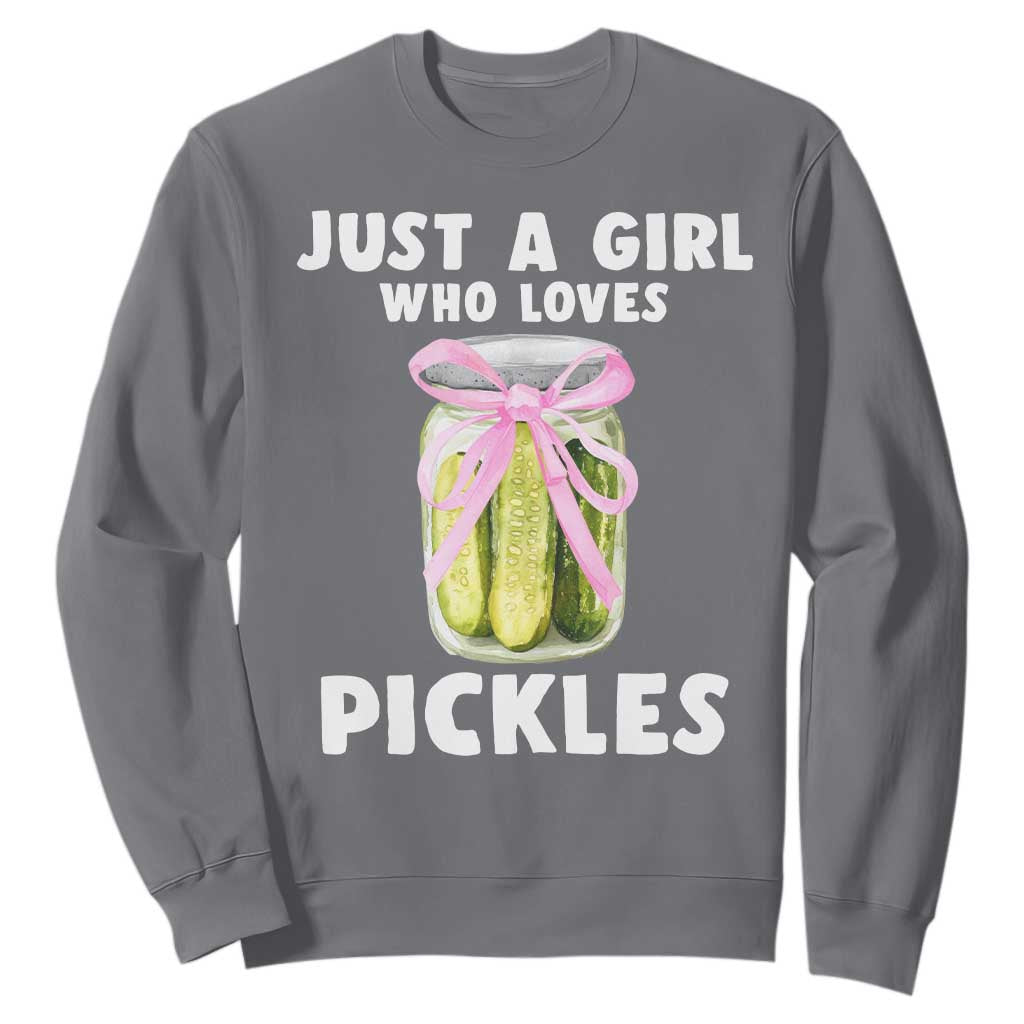 Just a Girl Who Loves Pickles Sweatshirt Pickle Jars with Coquette Bow TS10 Charcoal Print Your Wear